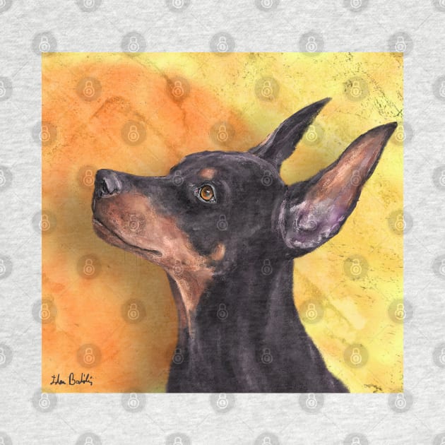 Painting of a Cute Doberman Pinscher on Orange Background by ibadishi